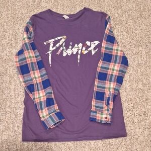 Upcycled Prince T-Shirt With  Plaid Sleeves